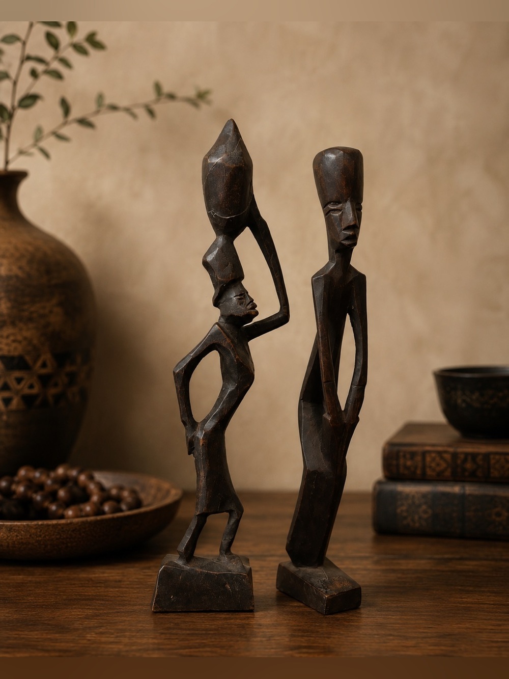 Vintage Pair Hand-Carved African Wooden Figurines • Tribal Folk Art Sculptures